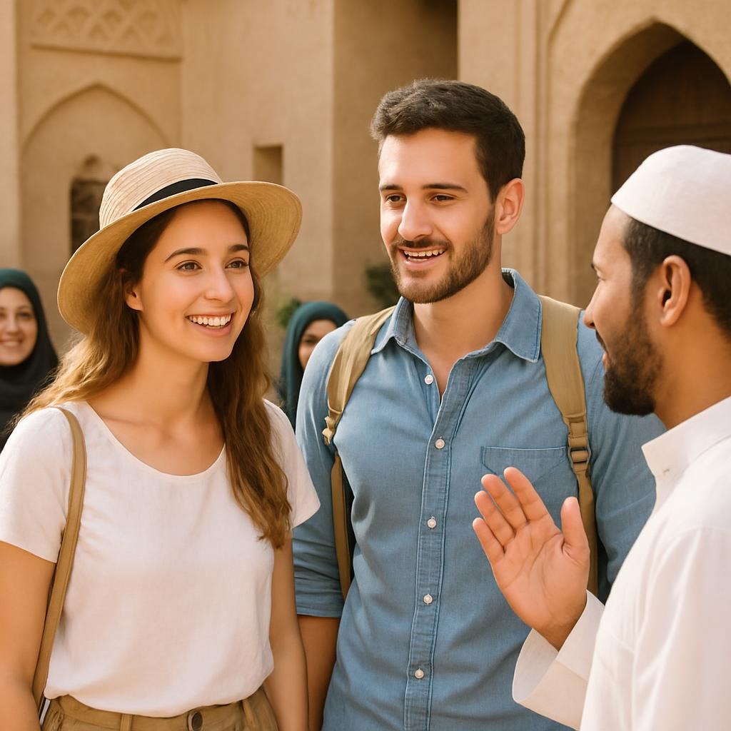 Grupo de turistas visitando un destino halal. - Fuente: AMIIN / ChatGPT